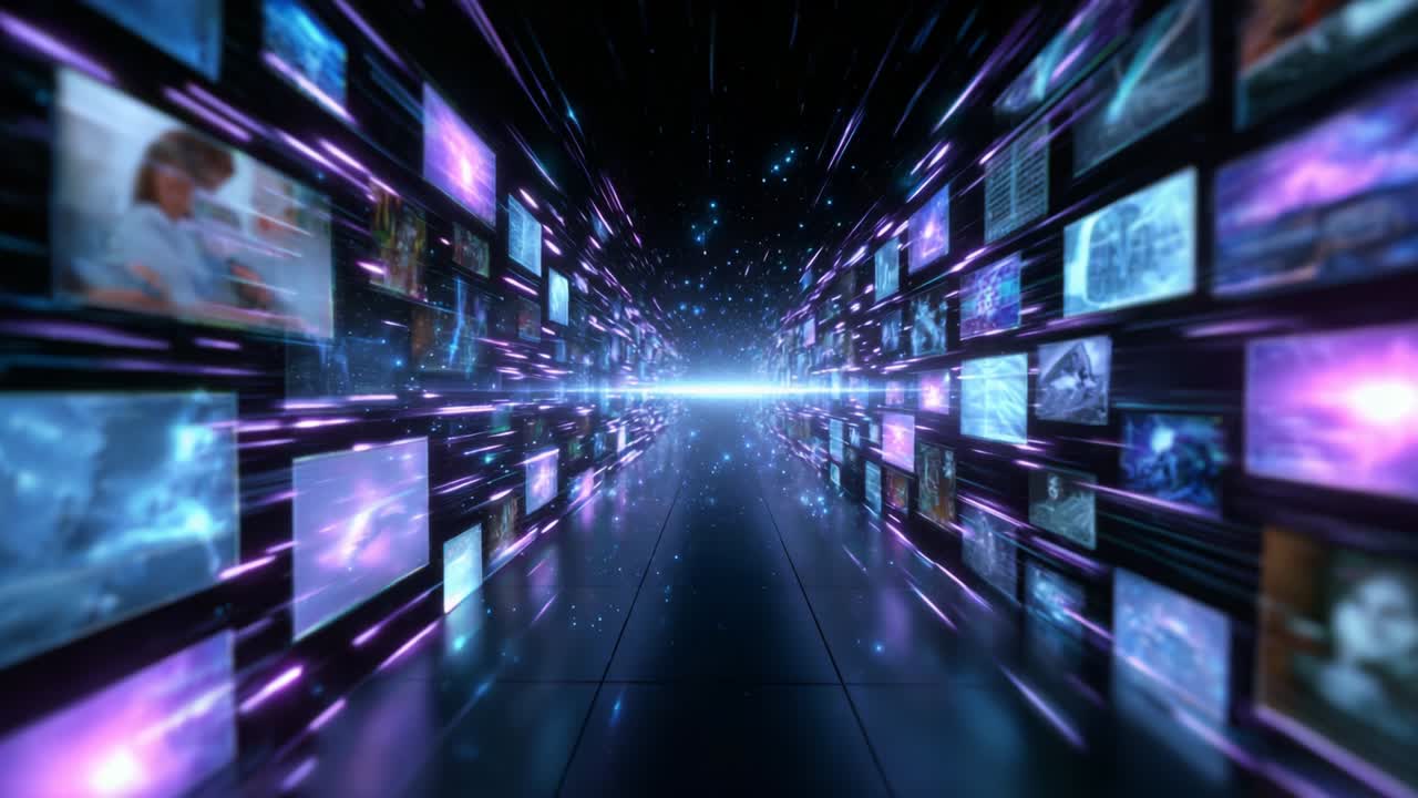 A Journey Through a Hyperspace Corridor of Digital Images and Vibrant Colors, Exploring the Fusion of Technology and Art in a Mesmerizing Visual Experience with Futuristic Graphics and Dynamic Movement