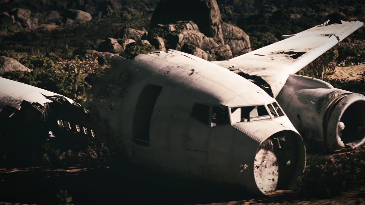 Plane wreckage amidst rocky terrain after a devastating crash event