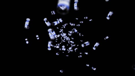 volando muchas botellas de vacunas en fondo negro. concepto médico. cura de virus. líquido transparente. animación de bucle 3d de vacunas.