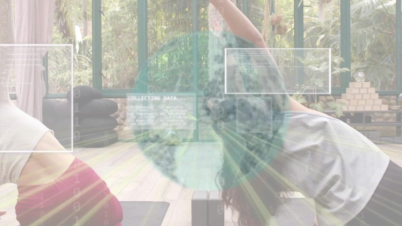 Due donne che fanno yoga sui tappetini, approfondendo un inarcamento all'indietro mentre un globo si sovrappone ai tappetini raccogliendo dati sulla salute.