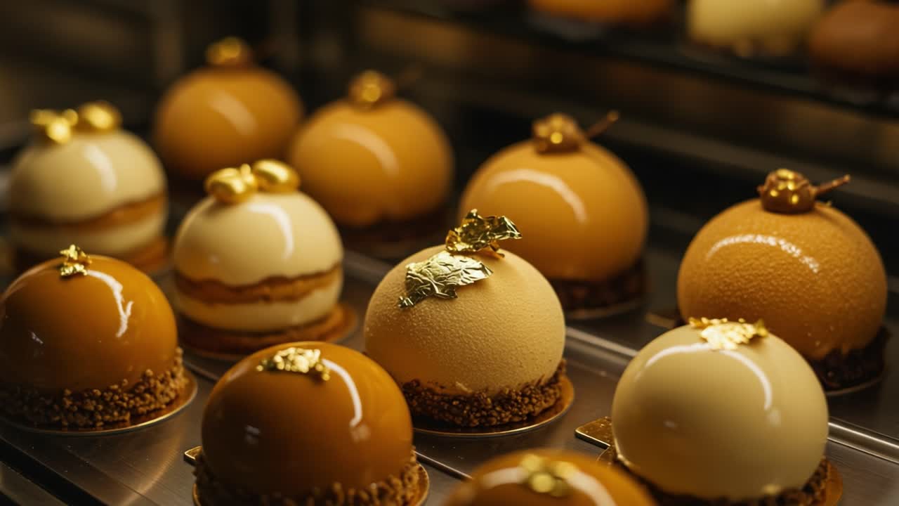 Indulgent Gourmet Pastries Showcasing Elegant Desserts with Golden Accents and Smooth Finishes That Entice the Senses in a Luxurious Display