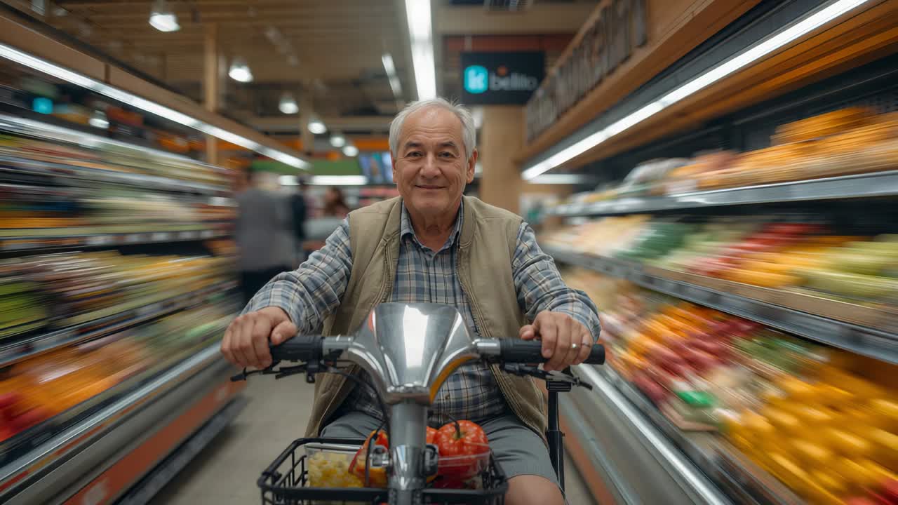 Sich nähernde Kamera, älterer Mann im karierten Hemd steuert einen Roller den Gemüsegang entlang und kauft Tomaten