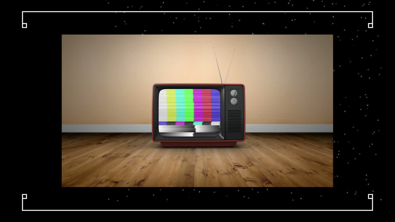바닥에 서 있는 빈티지 tv와 함께 방을 가로지르는 선으로 검은 프레임의 애니메이션