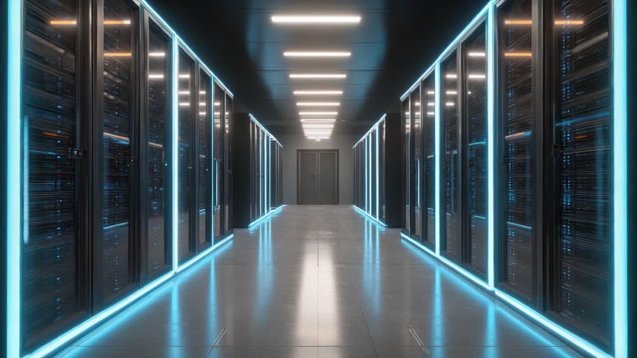 En imponerende fremvisning af moderne datacenterarkitektur med glødende serverracks langs en rummelig korridor med glasdøre og elegant design