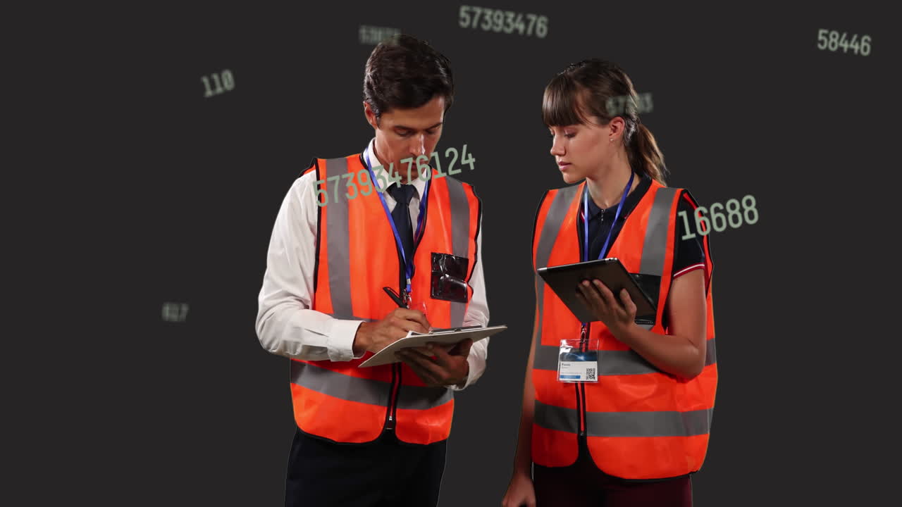 animación del procesamiento de datos científicos sobre dos personas caucásicas