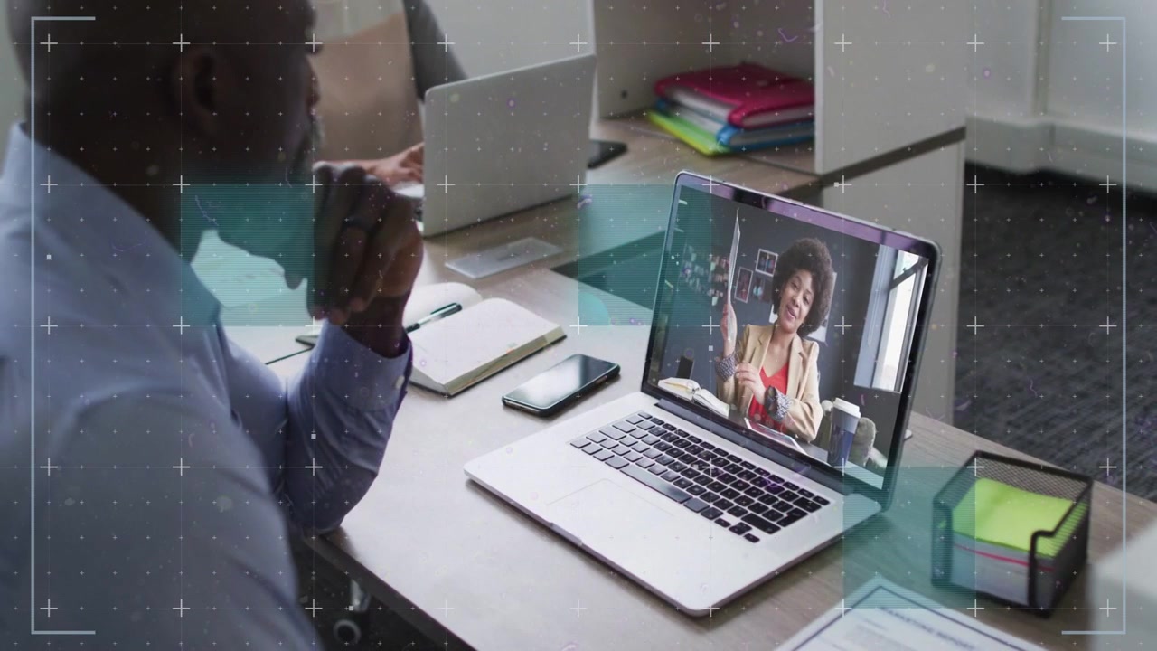 Vertical video: Man sitting at laptop, host showing doc for business, UI layers moving, peer typing