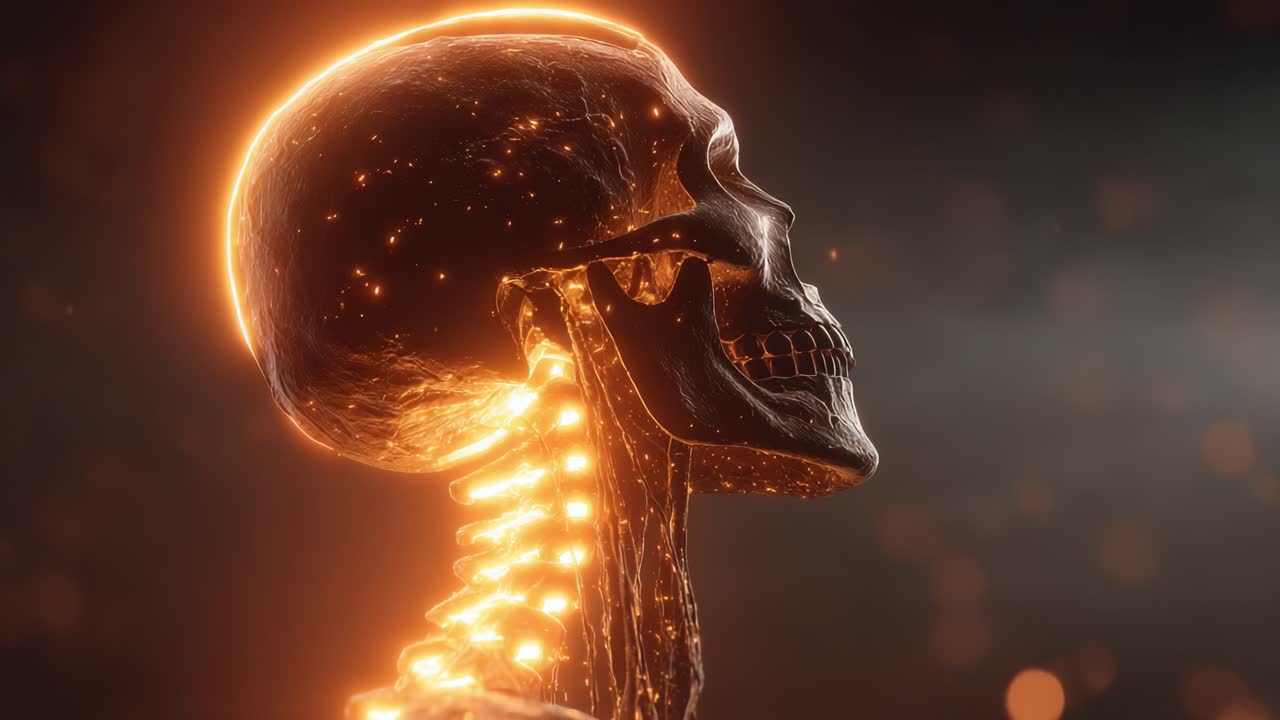 An Intricate Look at a Glowing Human Skeleton Highlighting the Exquisite Detail and Luminescence of the Human Structure in an Artistic Representation