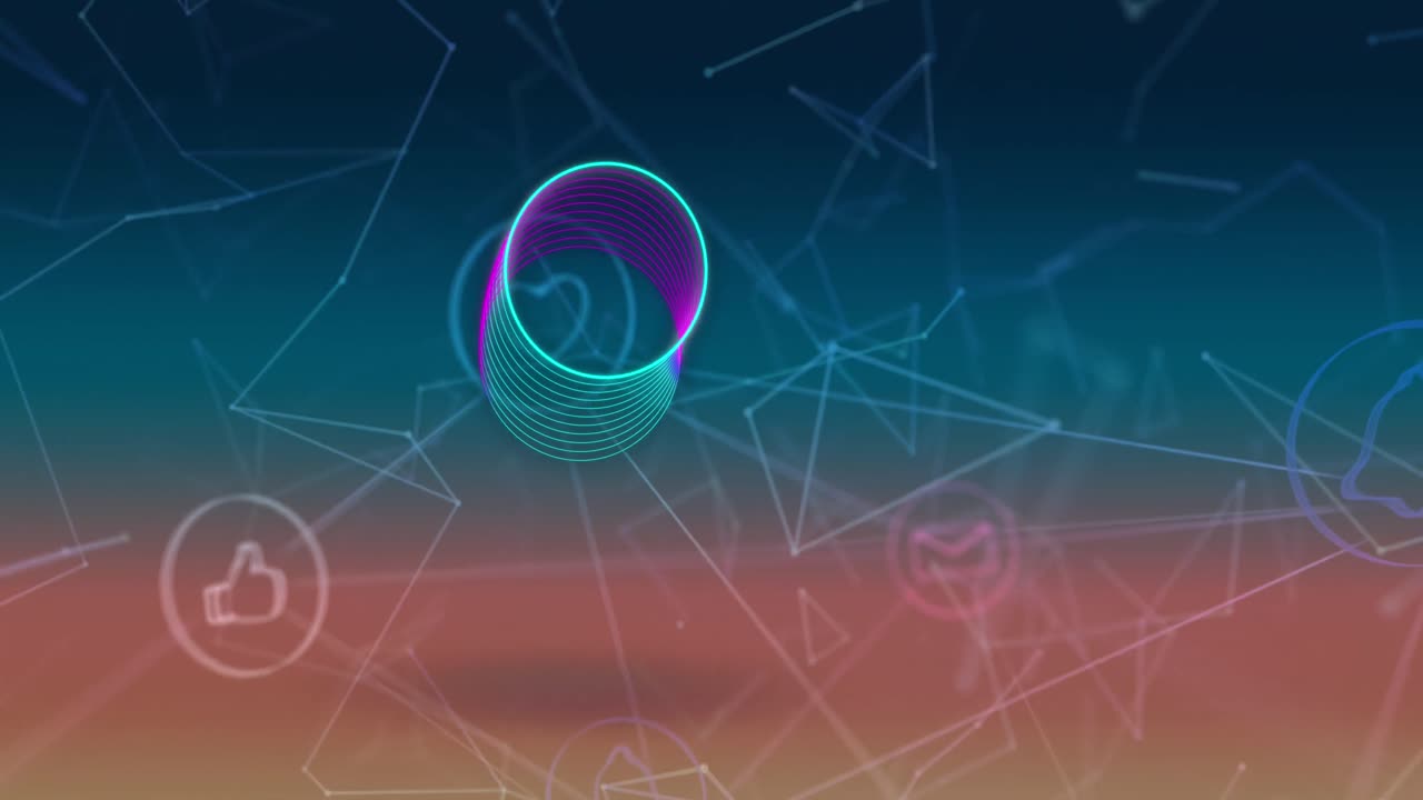 Animation of icons and circles over network of connections