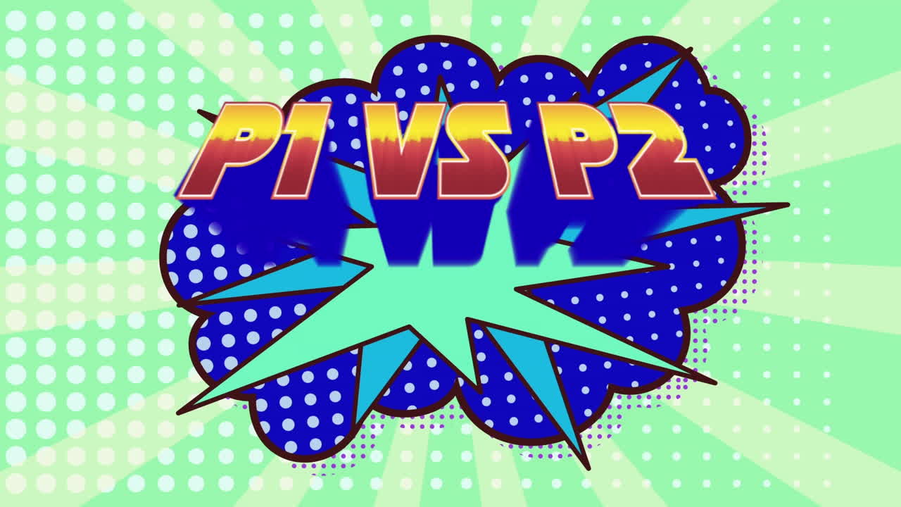 녹색 배경에 구름과 폭발 위에서 p1 대 p2의 애니메이션