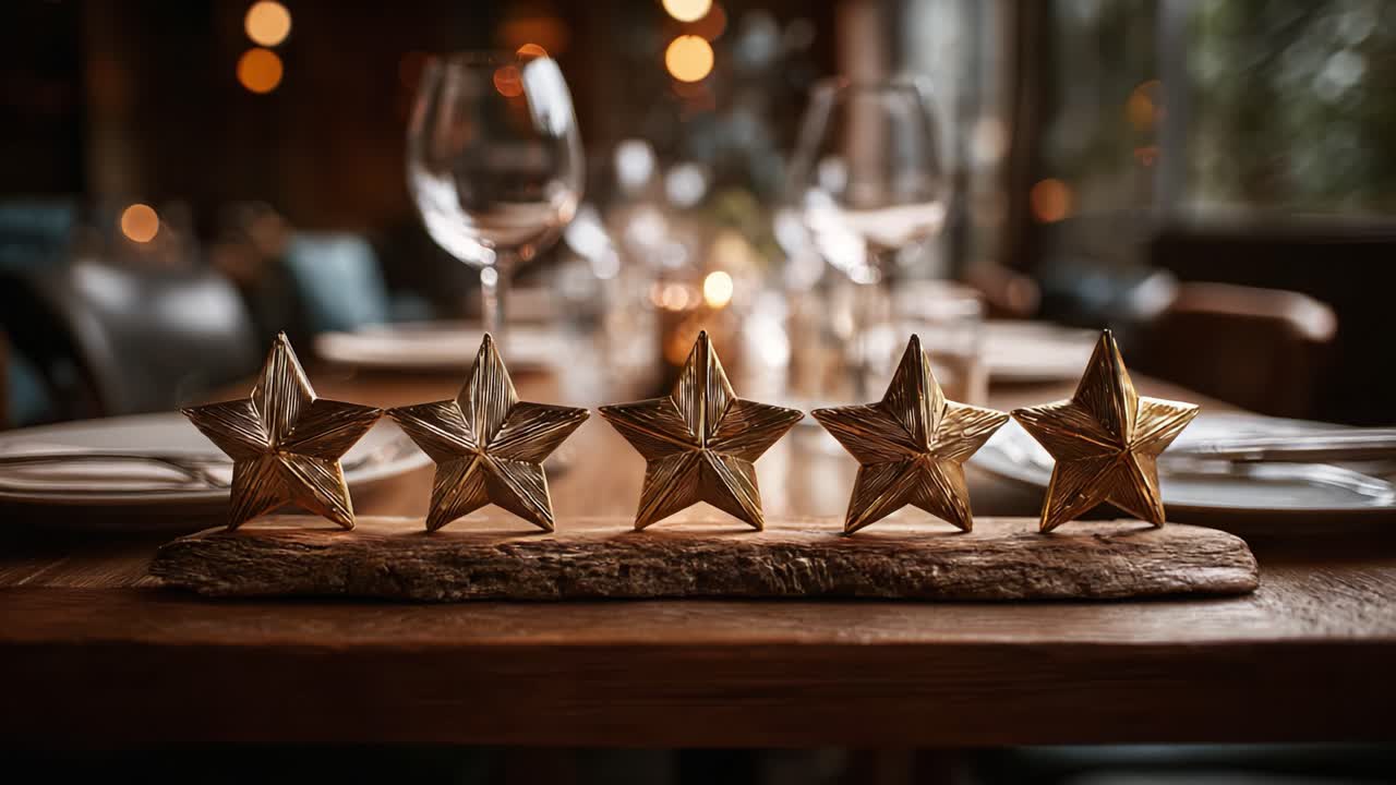 Elegant Arrangement of Five Golden Stars on a Rustic Wooden Bar Set Against an Ambient Restaurant Background, Highlighting Luxury Dining Atmosphere