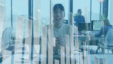 animation of financial data processing over diverse business people in office