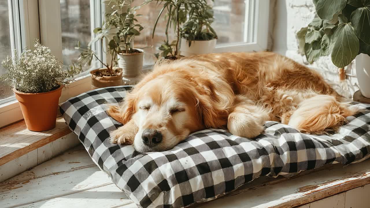 Golden Retriever Enjoys a Cozy Nap on a Comfortable Checkered Pillow Surrounded by Lush Green Plants by the Sunlit Window