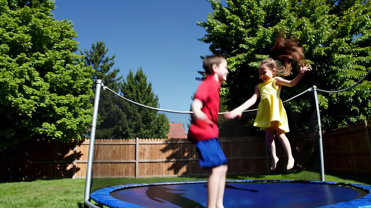 Children Jumping on a Trampoline in the Backyard