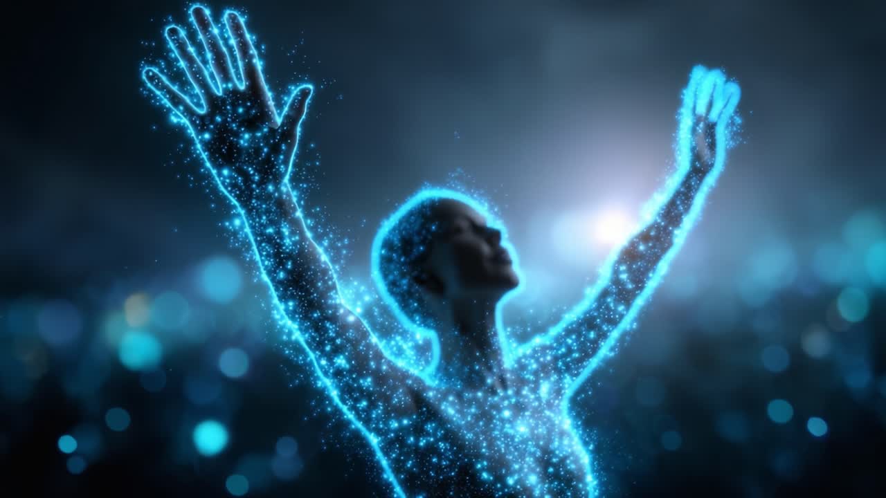 Una figura cósmica que irradia energía vibrante levanta los brazos en una exhibición fascinante de luz y brillo, simbolizando la libertad y la conexión con el universo.