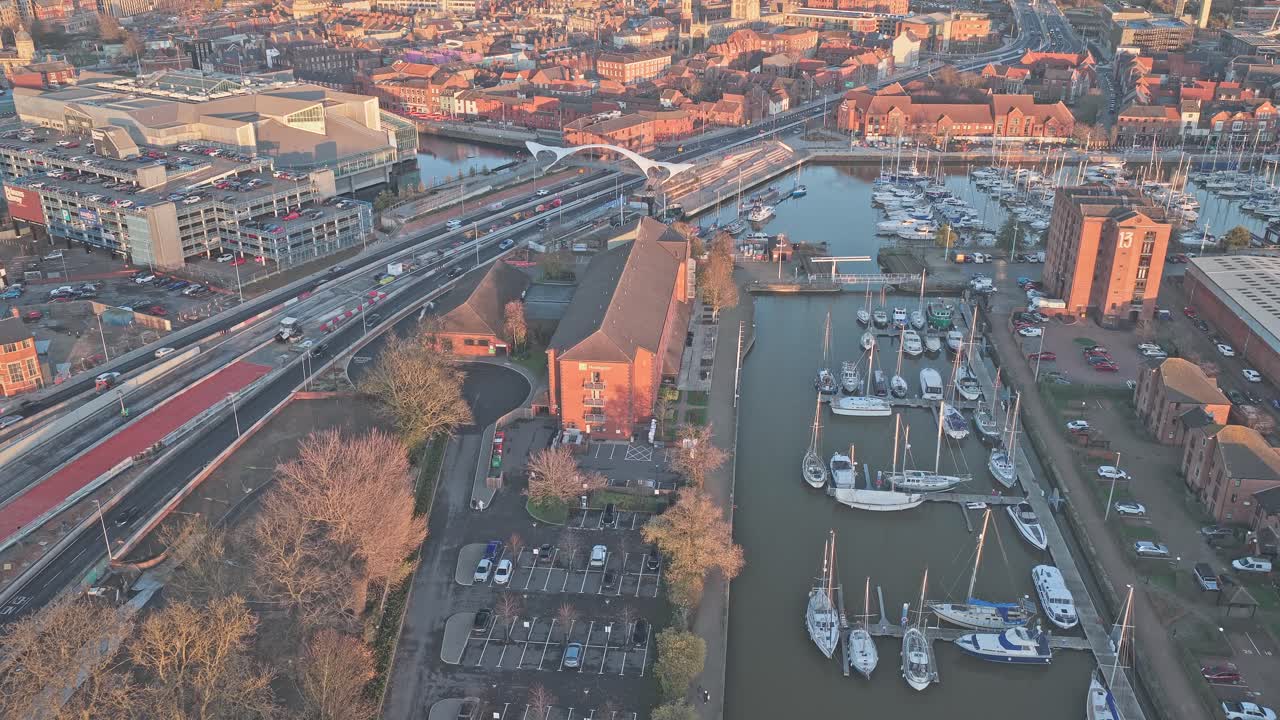 High aerial view of Humber Dock and Railway Dock at Hull Marina, beside Kingston Wharf and near Connexin Live in Kingston upon Hull, East Riding of Yorkshire, England