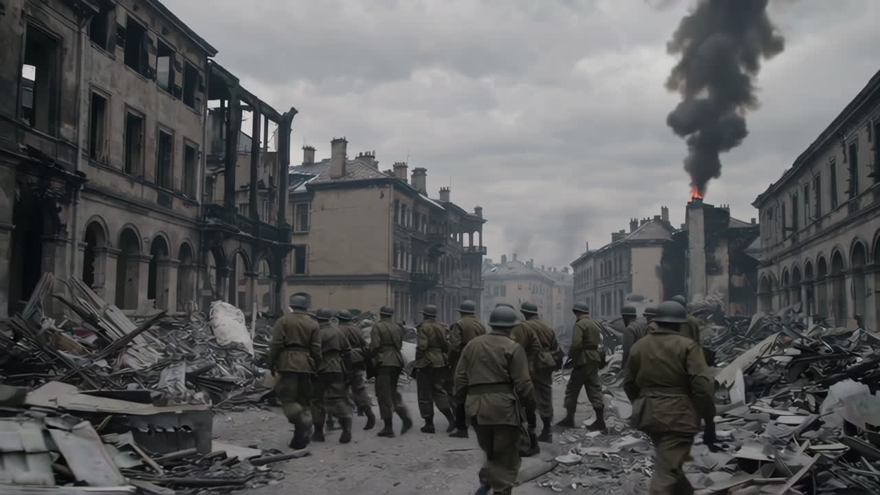 Soldiers Marching Through a War-Torn City