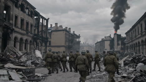 soldiers marching through a war-torn city
