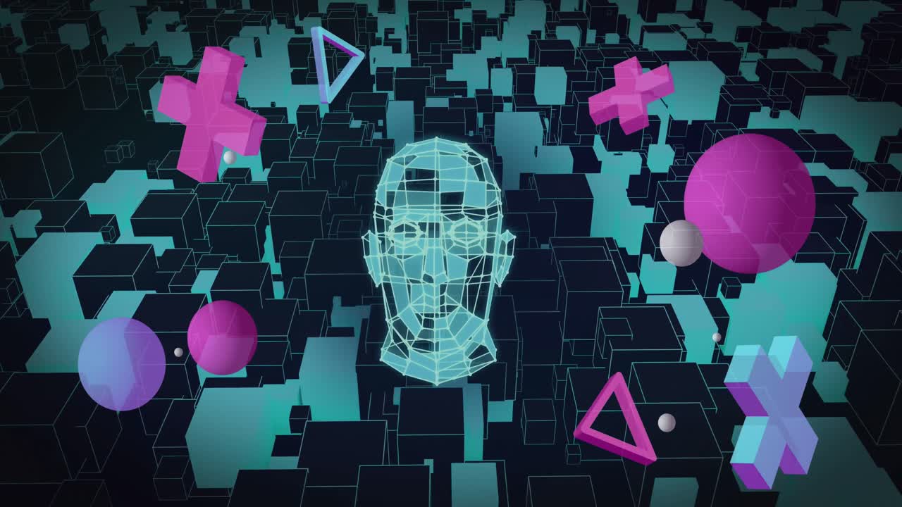 Animation of shapes and digital human over black background