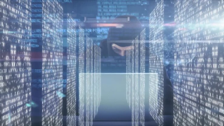 Animation of man with a mask hacking computers