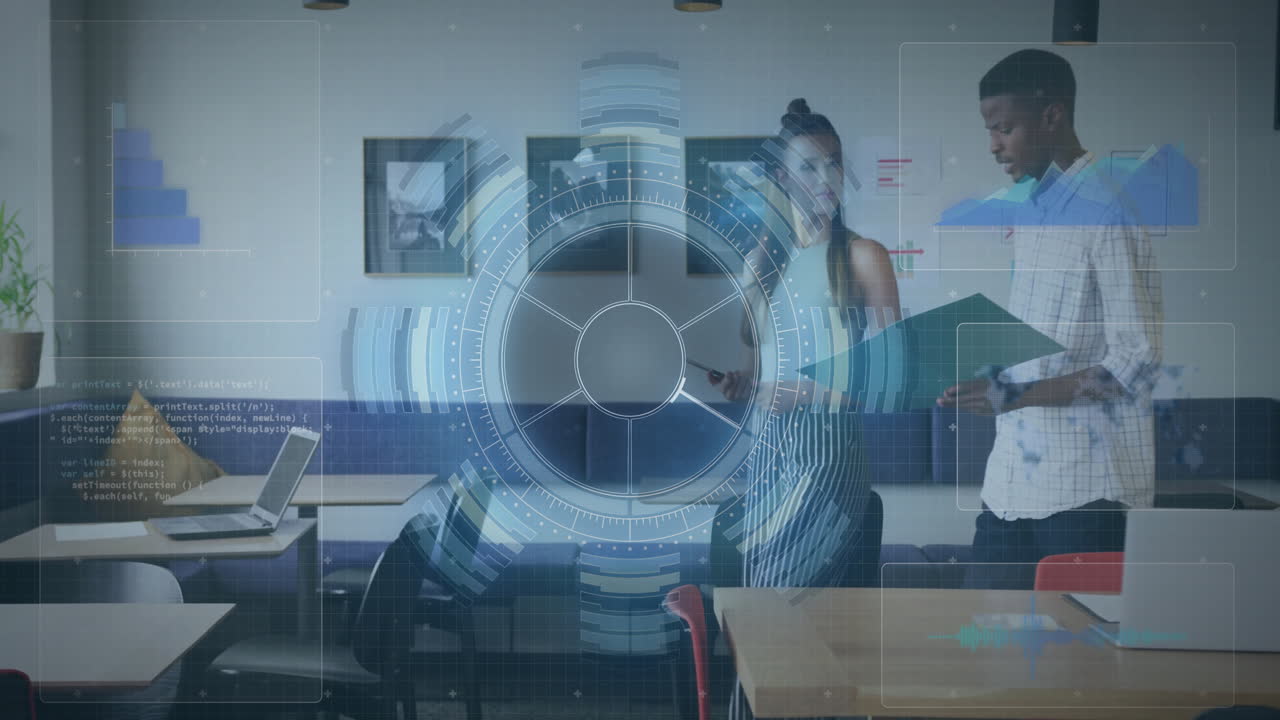 Colleagues collaborating in education using laptop and displaying charts with circular interface