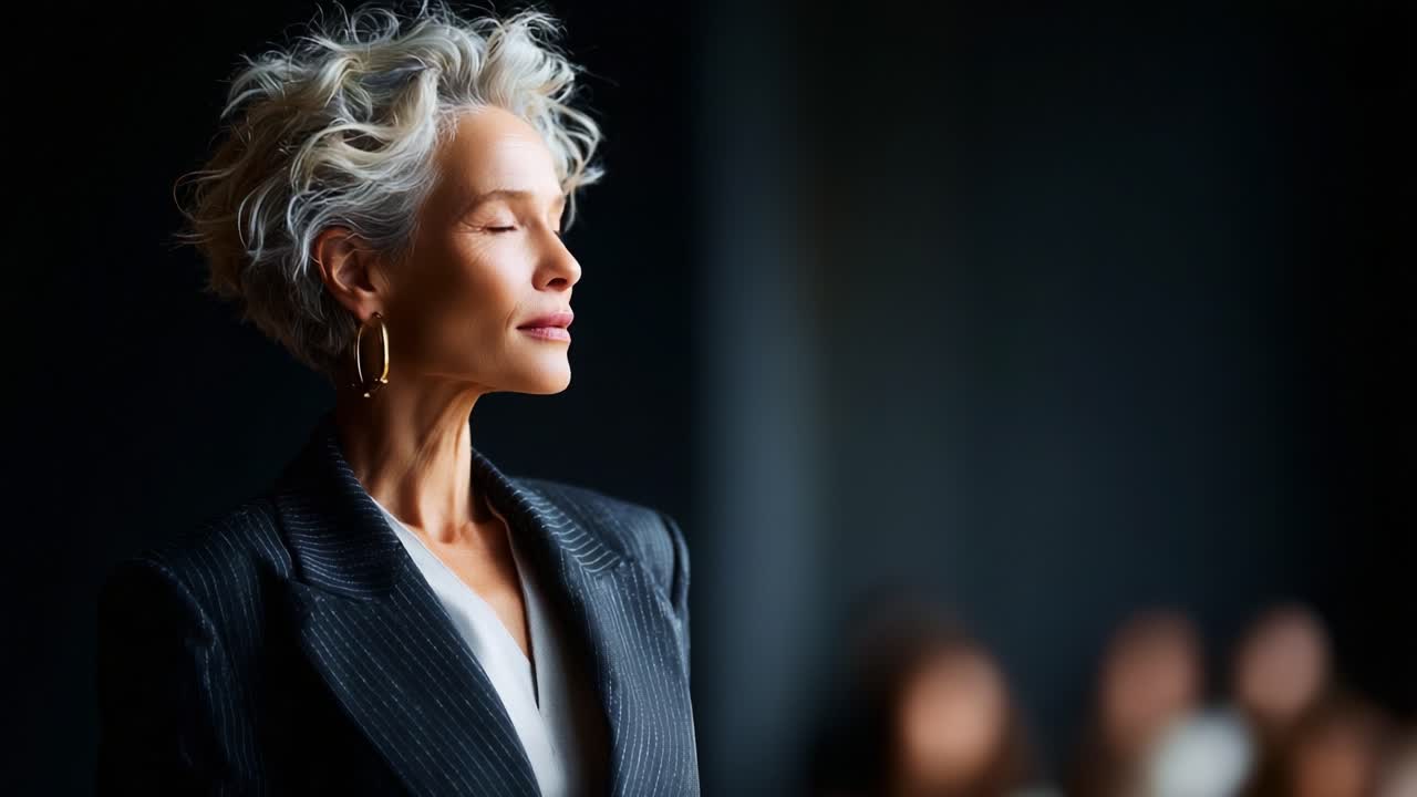 A Confident Woman with Curly Gray Hair in a Tailored Suit Reflects Poise and Elegance, Standing Against a Subtle Dark Background, Evoking a Sense of Strength and Introspection
