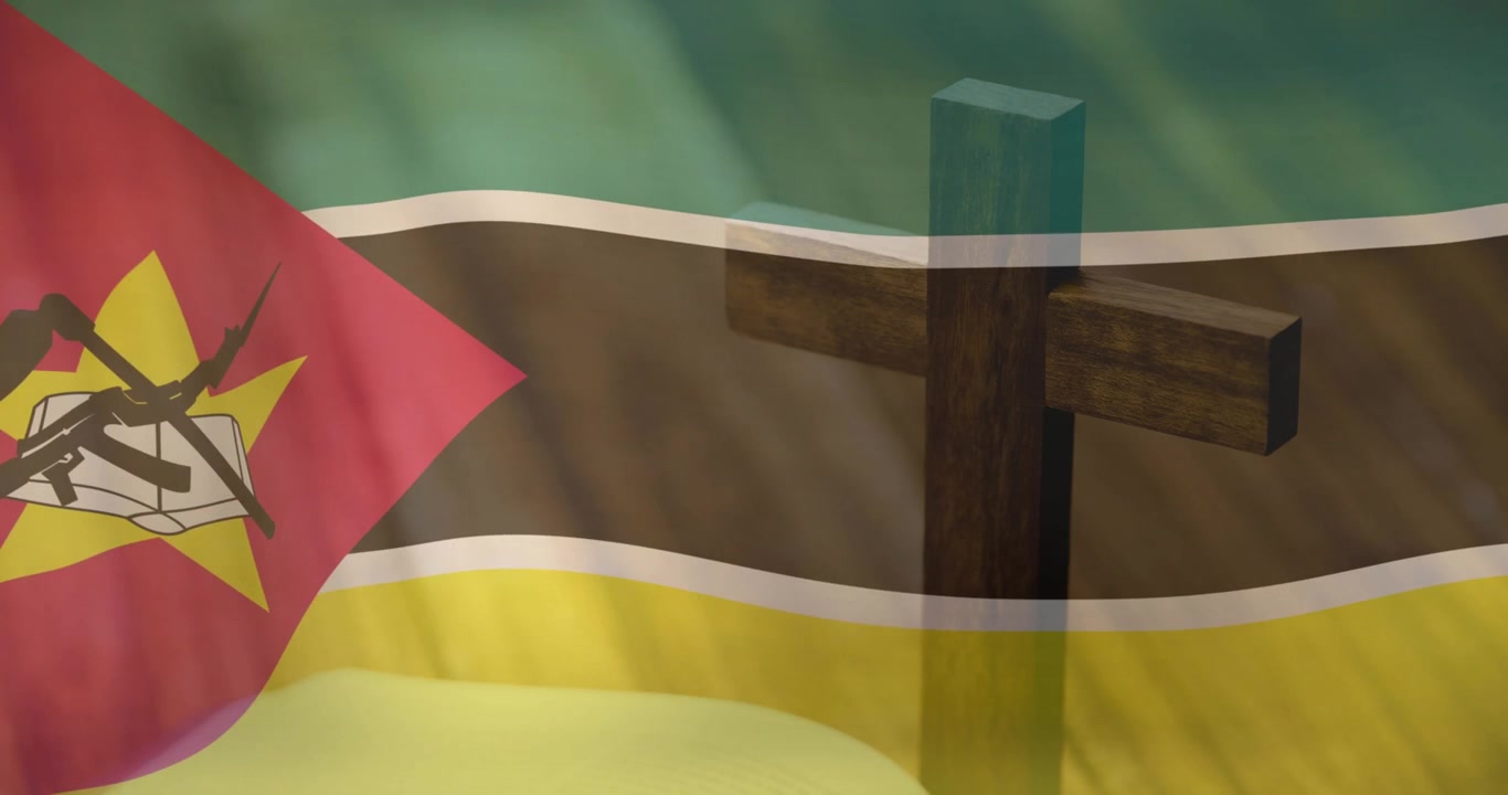 Light sweep starting canton flag rippling and emblem waving, wood cross shading shifting for design