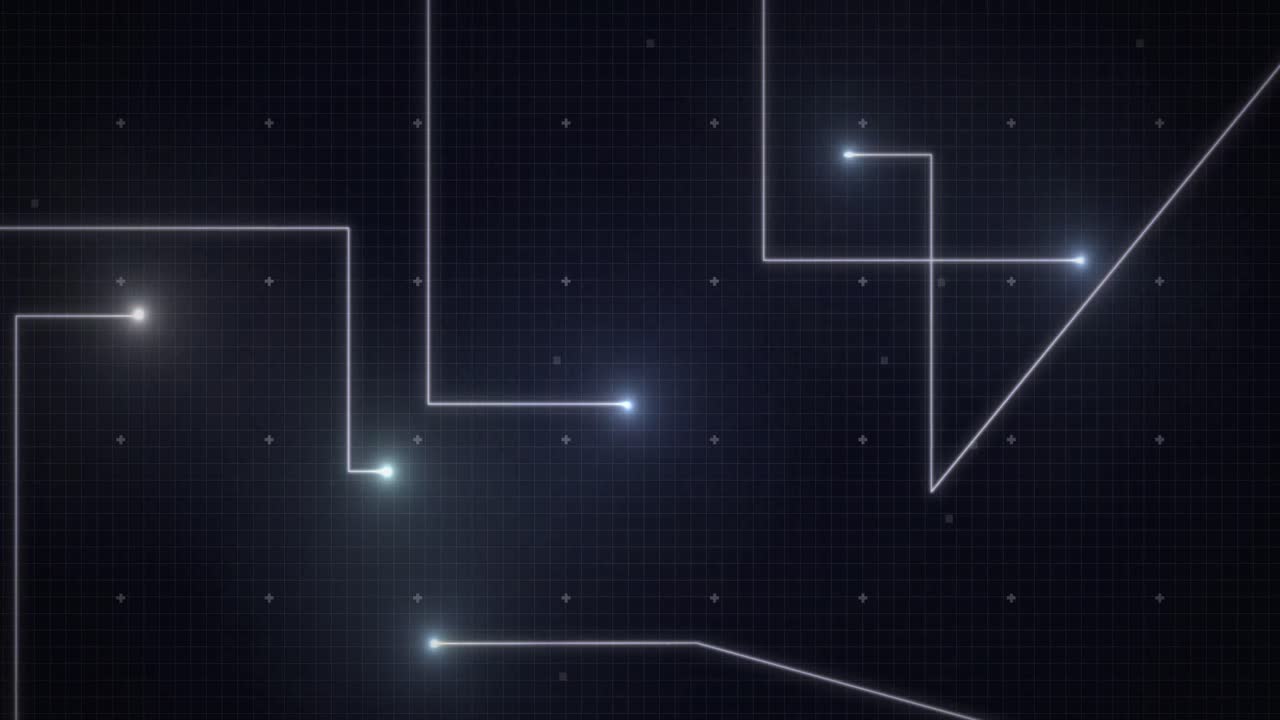 Animation of glowing white points with light trails forming grid on black background