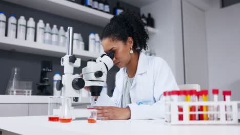 scientist, woman and microscope with analysis