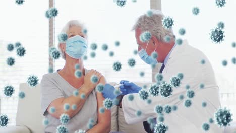 Animation-of-covid-19-cells-over-senior-caucasian-woman-in-face-mask-receiving-vaccination