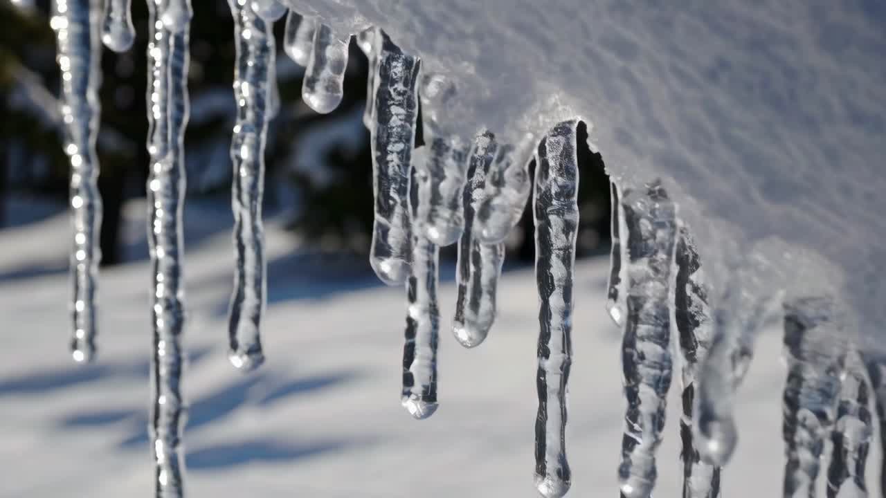 Close-up video of icicles hanging from a snowy edge, captured from a low angle