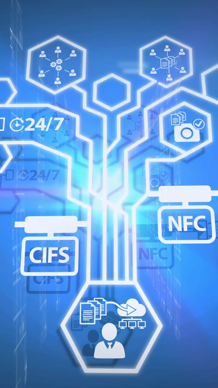 Network of digital icons over light trails and light spots against blue background
