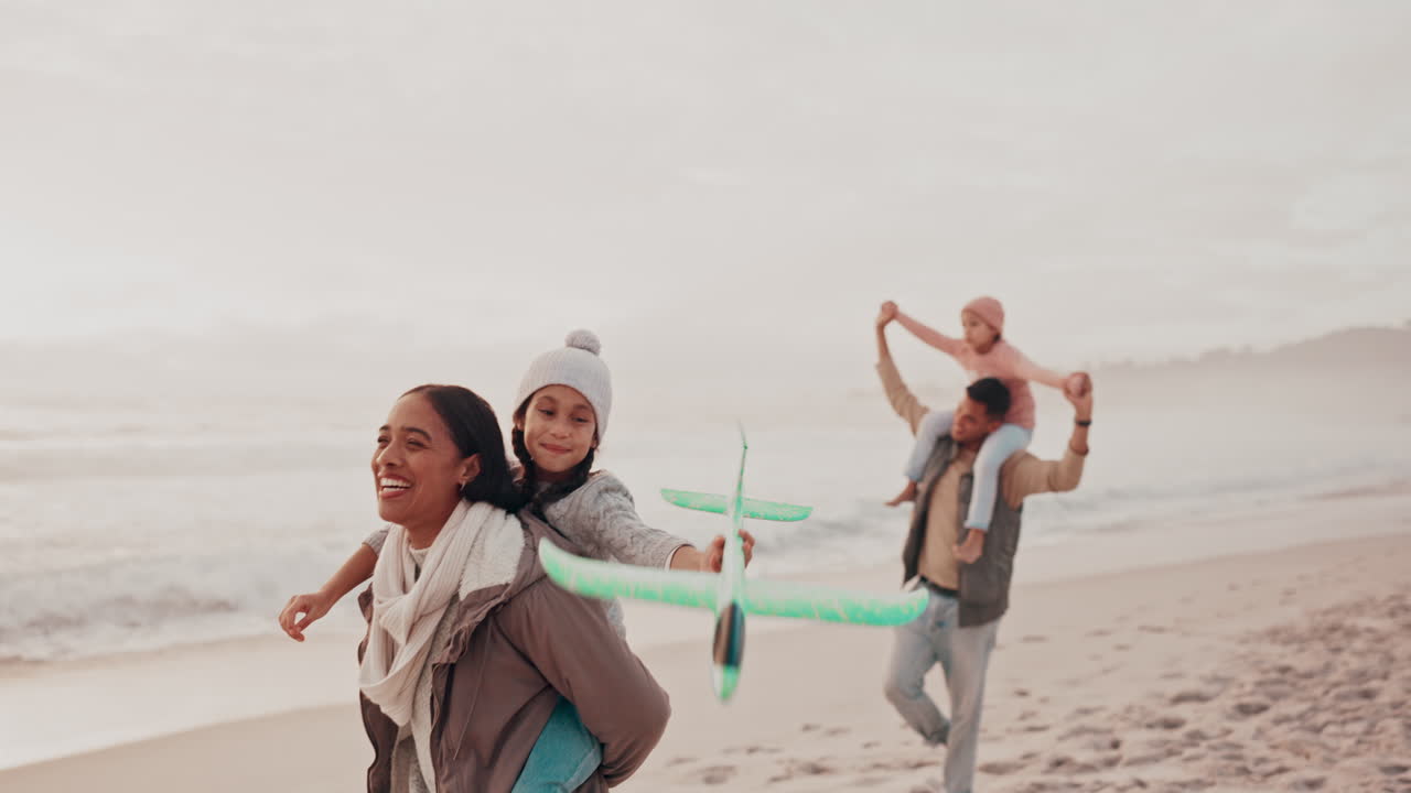 해변에서의 가족 즐거움
