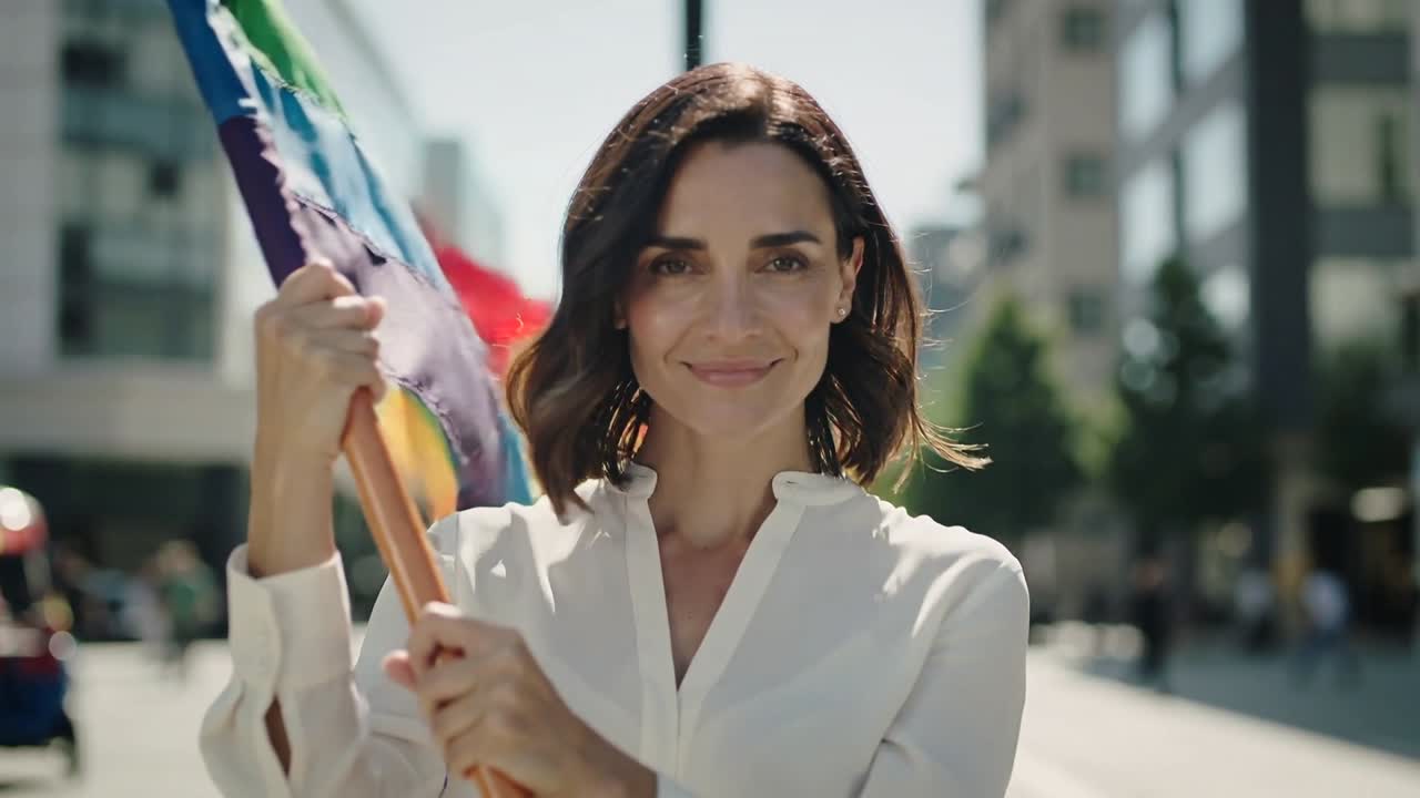 Mujer sosteniendo un asta de bandera arcoíris en una calle urbana, la brisa desplegando la bandera, la cámara haciendo zoom en celebración del orgullo.