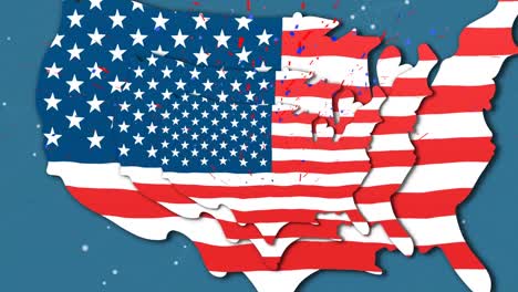 animation of map with flag of usa over network of connections on blue background
