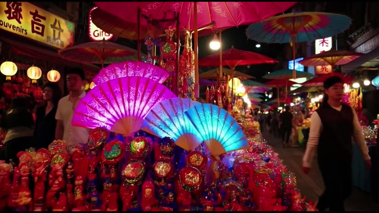 Barracas de Mercado Noturno Decoradas com Sombrinhas Coloridas e Leques