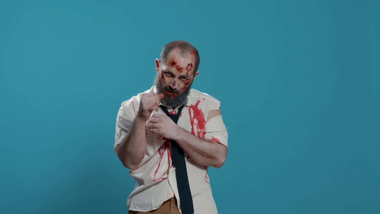 Dangerous fighter zombie air boxing alone on blue background