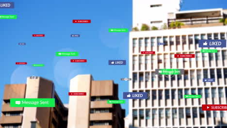 animation of cursors moving over social media icons and text on multi coloured banners on cityscape