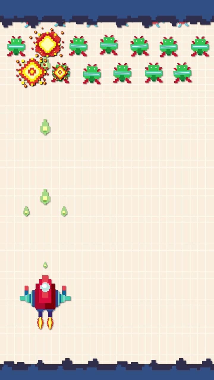 Un'astronave rossa pixelata spara proiettili verdi contro nemici alieni in un gioco arcade verticale.