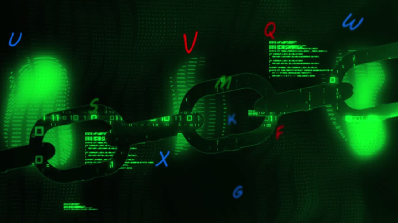 animación de letras coloridas sobre una cadena digital sobre un fondo negro