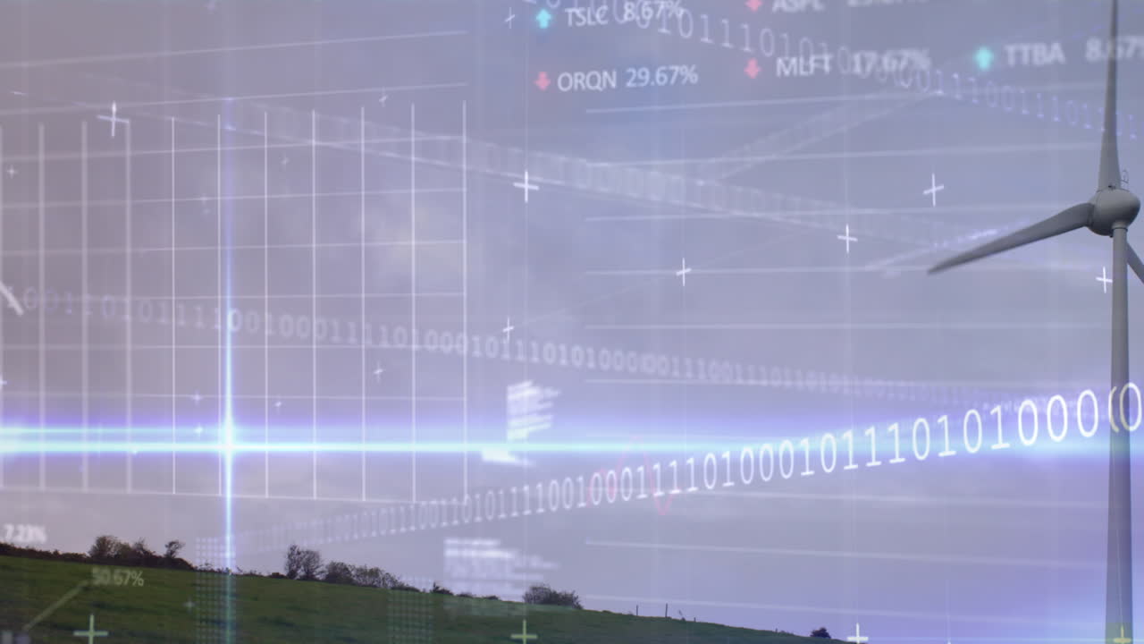 풍력 터빈 위의 금융 그래프의 애니메이션