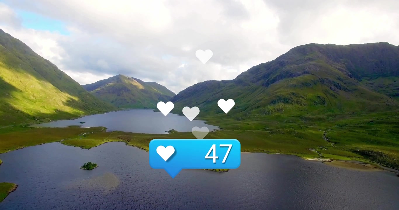 First view showing bubble appearing over lake confetti sparkling hearts rising likes count climbing