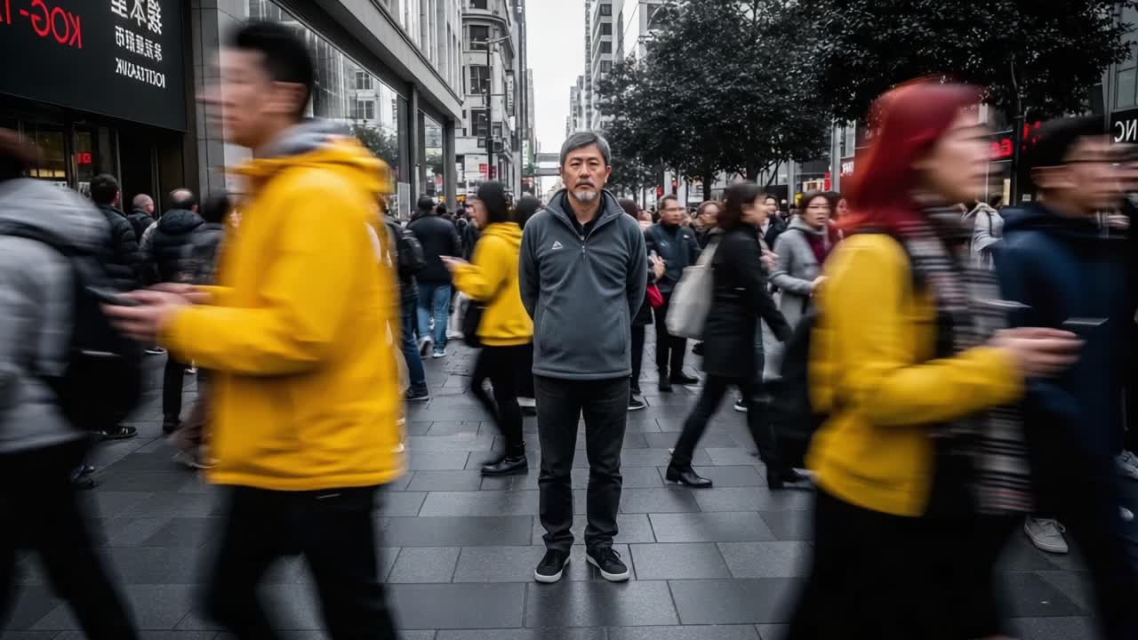 A Solitary Figure Amidst a Hectic Urban Crowd: Capturing the Contrast Between Stillness and Motion in a Busy City Street Scene
