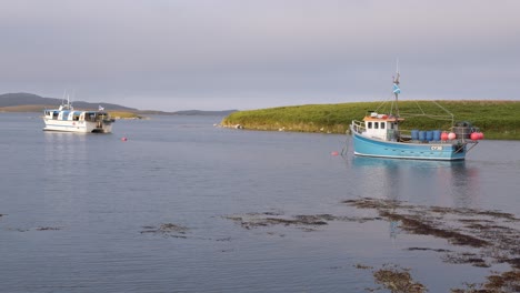 shot of a fishing boat anchored in port near a small cruise vessel