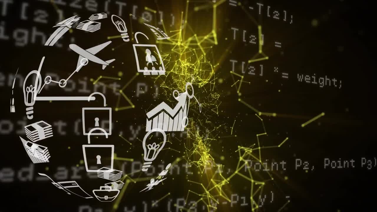 animación de procesamiento de datos e iconos de medios en fondo negro