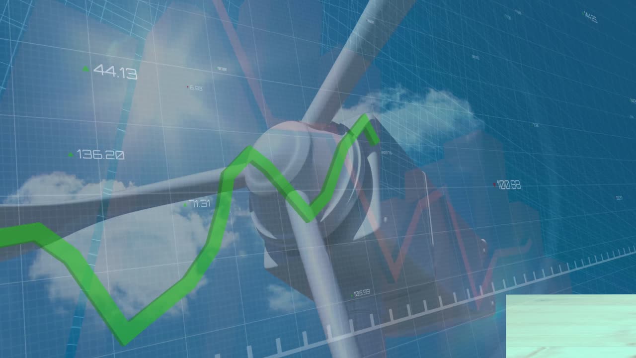 푸른 하늘을 배경으로 회전하는 풍차 위에서 통계 데이터 처리의 애니메이션