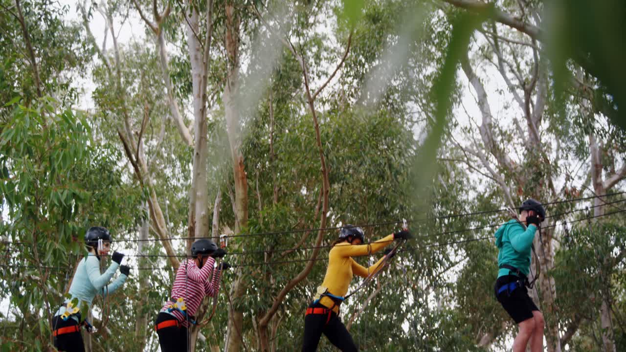 grupo de mujeres y entrenador caminando sobre los troncos 4k