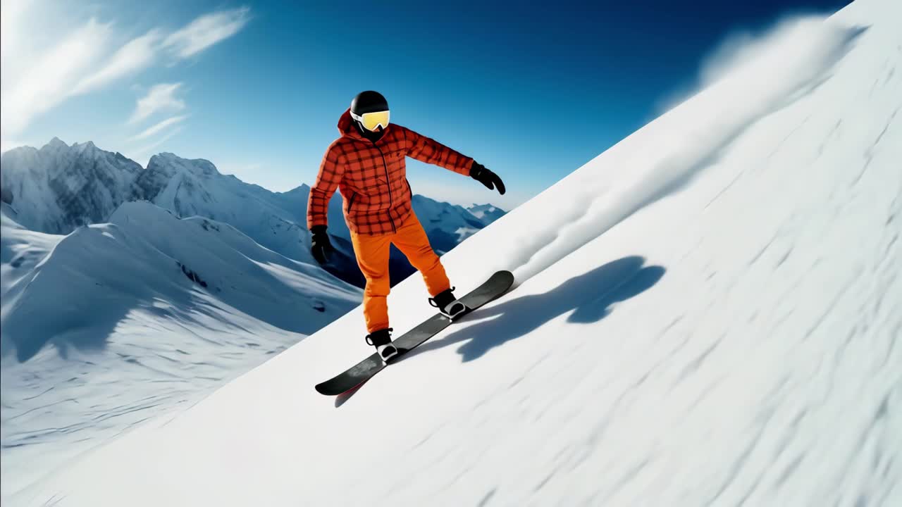 Dynamic low-angle shot of a snowboarder in vibrant gear carving down a snowy slope under a clear