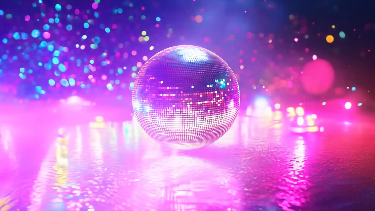 A glowing ball is floating on a dark blue surface. The ball is surrounded by a pinkish glow, giving the impression of a disco ball. The scene is set in a dimly lit room