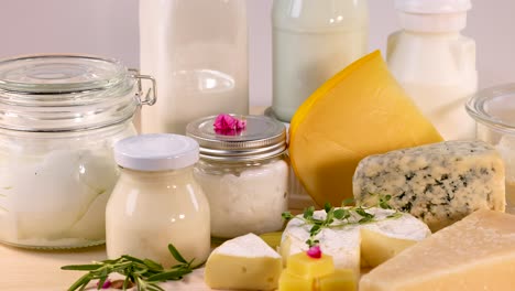 various dairy items arranged on a white background