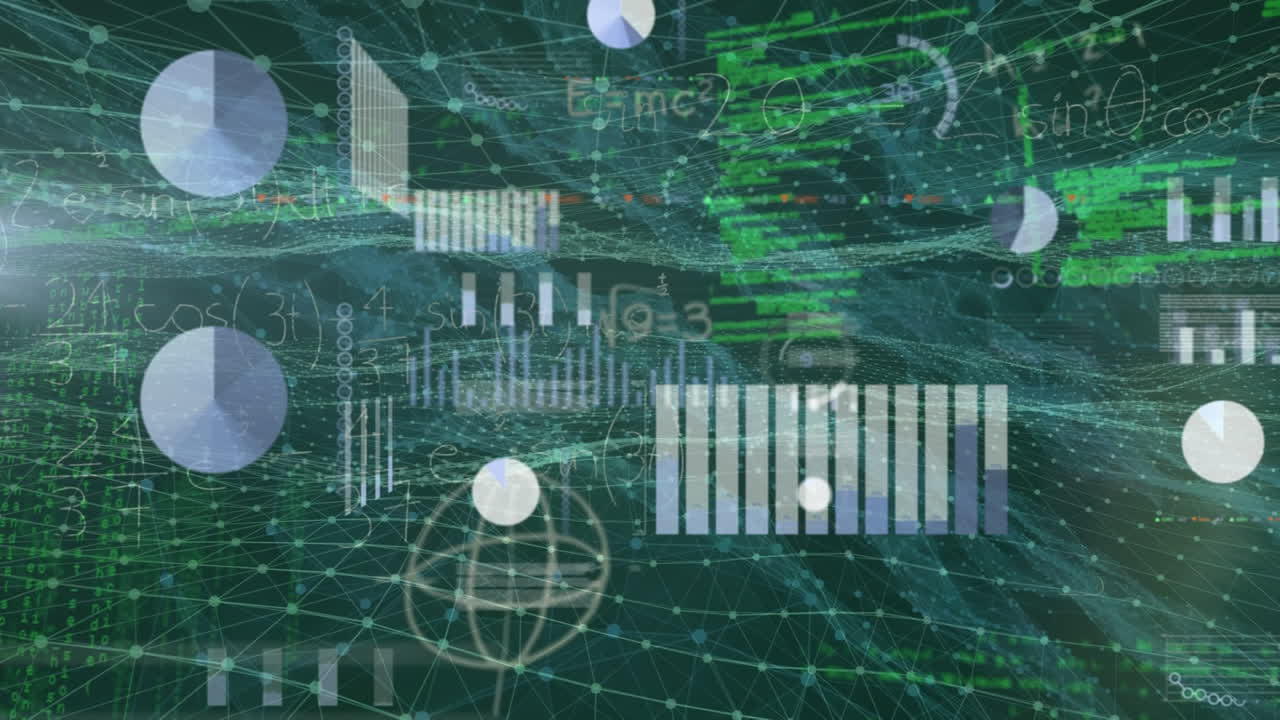 Animation of financial data processing over network of connections on black background
